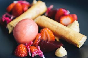 Pop of colour: Caramelised white chocolate, brik pastry and strawberry sorbet.