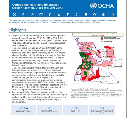 Angola Emergency: OCHA Situation Report No. 01 (as of 07 June 2016)