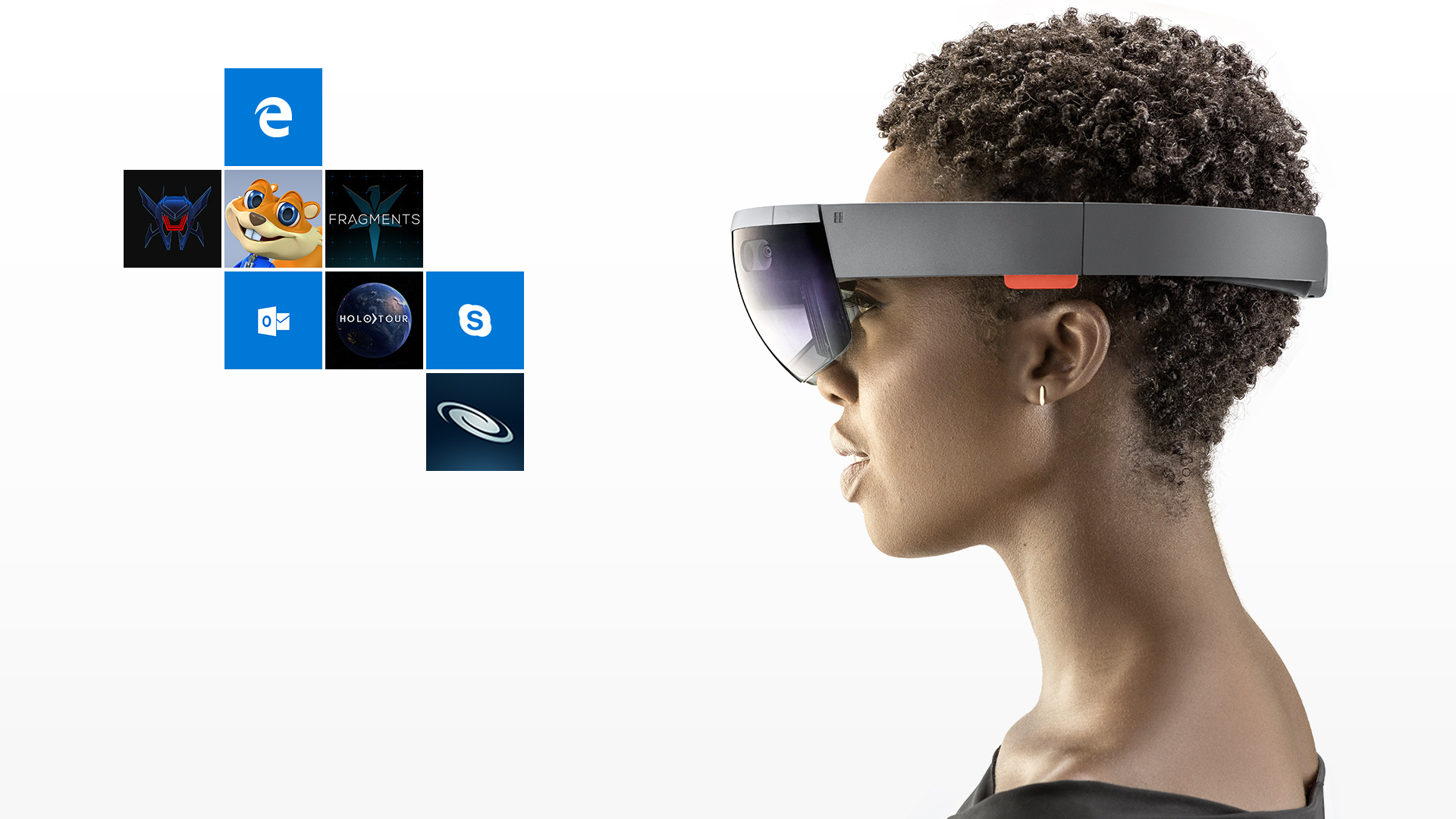 Profile of woman wearing HoloLens, looking at tiles of apps for HoloLens