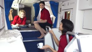 The crew in their rest area on board a Boeing 777. 