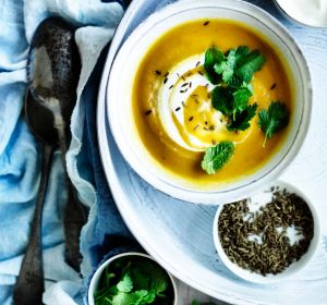 Neil Perry's carrot soup with coriander yoghurt.