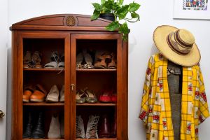 Holley uses a hutch to display her shoe collection. 