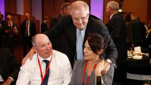 Treasurer Scott Morrison with his brother-in-law Gary Warren and his wife Michelle Warren.