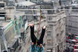  One of The Flying Frenchies, stars of the new film The Free Man, rehearse at BBC Broadcasting House  in London.