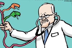 Dyson drawing; re Budget, Morrison, Medicare etc, Age Opinion 3 May 2017