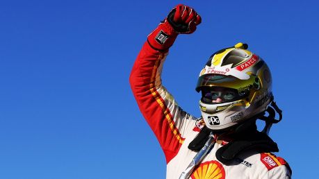 Scott McLaughlin celebrates after winning race 8 for the Perth SuperSprint at Barbagallo Raceway 