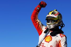 Scott McLaughlin celebrates after winning race 8 for the Perth SuperSprint at Barbagallo Raceway 