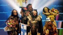 Lordi celebrate after winning the 2006 Eurovision Song Contest for Finland in Athens.