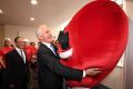 Malcolm Turnbull gets up close to National Heart Foundation mascot Have a Heart at Sydney's St Vincent's Hospital.