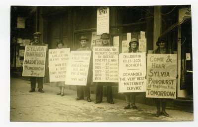 Six women advertising a talk by Sylvia Pankhurst