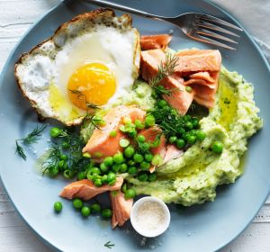 Love you mum! Jill Dupleix's brunch pick of ocean trout with green mash, peas and a fried egg.