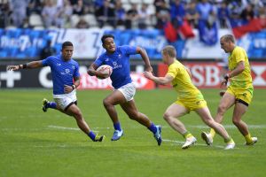 Tomasi Alosio runs the ball for Samoa against Australia in the rugby sevens in Paris on Saturday.