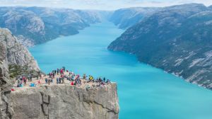 The famous Preikestolen cliffs in Norway.