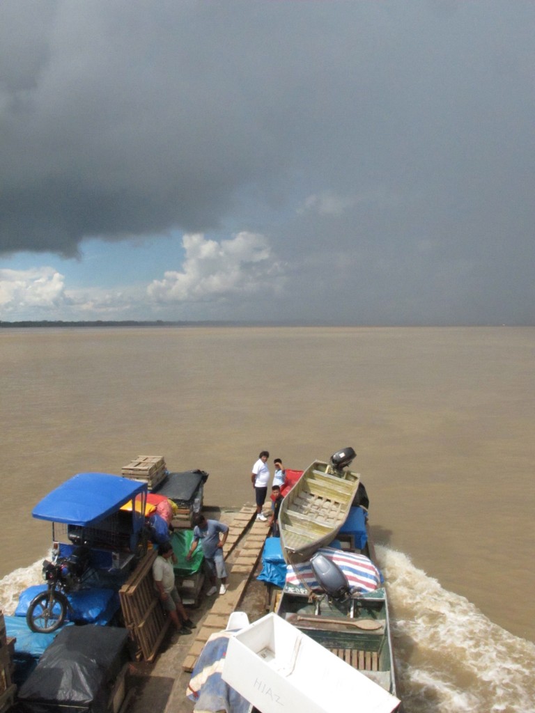 Loaded bow of a riverboat headed up the Amazon.