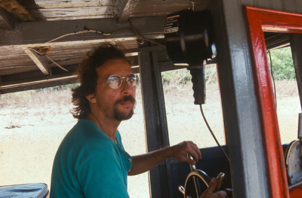 Gorman at the wheel of his boat, the Jacare.