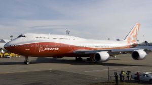 The Boeing 747- 8 Intercontinental passenger plane taxis before taking off on its first test flight at Paine Field in ...