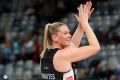 The Magpies' Caitlin Thwaites celebrates after the win over the Swifts.