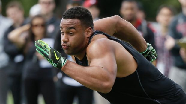 Power: Stanford defensive end Solomon Thomas during his NFL pro day.