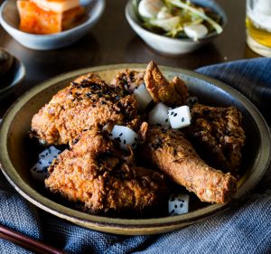 The Moon Park fried chicken, pickled radish, soy and syrup.