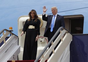 President Donald Trump and first lady Melania Trump arrive at the Royal Terminal of King Khalid International Airport, Saturday, May 20, 2017, in Riyadh.