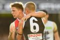 Jack Billings and Seb Ross celebrate a goal for the Saints against Carlton