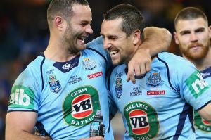 MELBOURNE, AUSTRALIA - JUNE 17: Boyd Cordner and Mitchell Pearce of the Blues celebrate after the Blues defeated the ...