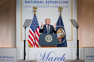 President Donald Trump speaks at the National Republican Congressional Committee March Dinner at the National Building Museum, Tuesday, March 21, 2017, in Washington.