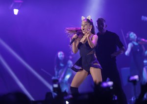 Ariana Grande performs during the honeymoon tour concert in Jakarta, Indonesia,Wednesday, Aug. 26, 2015.