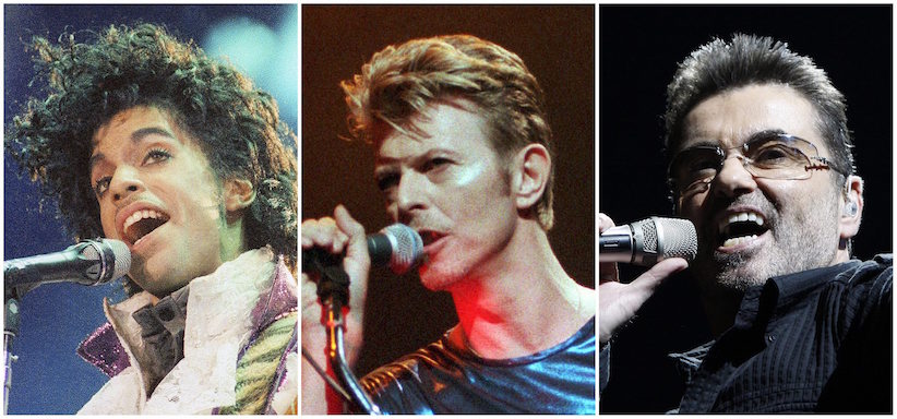 This photo combination shows performances by pop music icons, from left, Prince in 1985, David Bowie in 1995, and George Michael in 2008. The entertainers were among a number of influential entertainers, sports stars and political figures who died in 2016. (AP Photos)