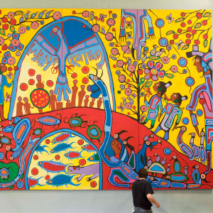 A worker installs Canadian Aboriginal artist Norval Morrisseau's painting "Androgyny" in the ballroom at Rideau Hall in Ottawa on Sept. 18, 2008. The work of Toronto painter Amanda PL is infused with bright colours and bold outlines often associated with an indigenous art style. But for those steeped in the Woodland School of Art, as the genre is also known, it smacks of cultural appropriation by a young artist with no claim to the tradition. Outrage over Amanda PL's work has renewed debate over who has the right to use and profit from specific customs. Amanda PL has said her work was inspired by the Woodland school of art and acknowledged a similarity to the work of Anishinaabe artist Norval Morrisseau. (Adrian Wyld/CP)