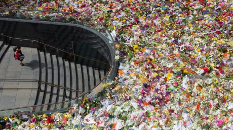 A sea of flowers at Martin Place formed a makeshift memorial in the days after the siege.