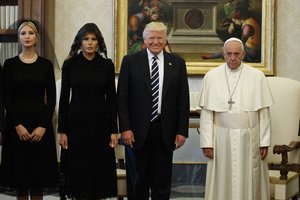 Ivanka Trump, first lady Melania Trump, and President Donald Trump stand with Pope Francis during a meeting, Wednesday, May 24, 2017, at the Vatican