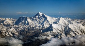 Mount Everest as seen from an aircraft from airline company Drukair in Bhutan.