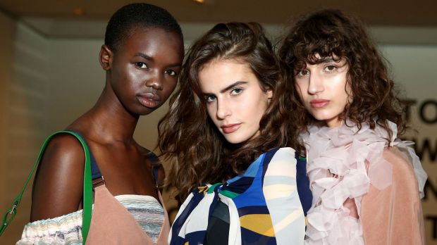 Models pose backstage ahead of the Ginger & Smart show held at the Art Gallery of NSW during Fashion Week Australia.