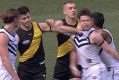 Tigers captain Trent Cotchin gives Dockers gun Lachie Neale a sneaky jumper punch.