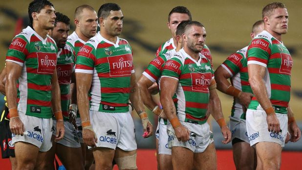 Unhappy reunion: Robbie Farah looks on with his new teammates during his regular-season debut for the Rabbitohs against ...