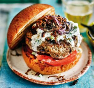 Anjum Anand's 'best-ever' spiced beef burger with crispy onions.