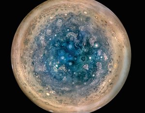 This image shows Jupiter’s south pole, as seen by NASA’s Juno spacecraft from an altitude of 32,000 miles (52,000 kilometers).