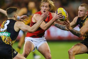 Darcy Parish gets the ball in heavy traffic.