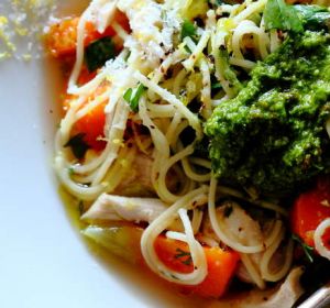 Jill Dupelix's Italian chicken noodle soup with pesto.