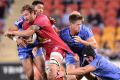 The Reds' Scott Higginbotham attempts to break away from the Force defence during the round 14 Super Rugby match at ...