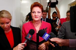 Senator Pauline Hanson departs the press gallery.