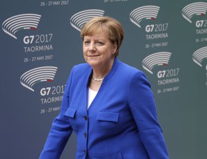 German Chancellor Angela Merkel arrives for a welcome ceremony for the G7 summit in the Ancient Theatre of Taormina (3rd century BC) in the Sicilian citadel of Taormina, Italy, Friday, May 26, 2017.