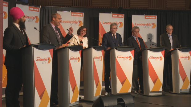 NDP leadership candidates, from left, Jagmeet Singh, Guy Caron, Niki Ashton, Charlie Angus, Pat Stogran and Peter Julian participate in a debate in Sudbury, Ont., on Sunday, May 28.
