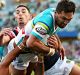 Green Machine: Jordan Rapana has eyes only for the try line during the Canberra Raiders home clash against the Sydney ...