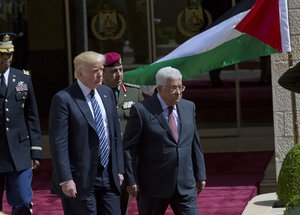 Palestinian president Mahmoud Abbas and President Donald Trump inspect an honor guard in the West Bank city of Bethlehem, Tuesday, May 23, 2017.