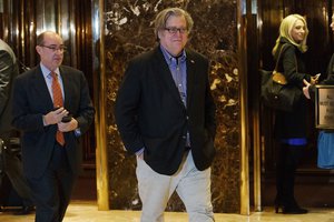 FILE - In this Friday, Nov. 11, 2016, file photo, Stephen Bannon, campaign CEO for President-elect Donald Trump, leaves Trump Tower in New York.