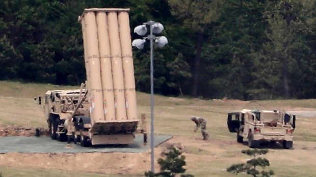 A US missile defence system called Terminal High Altitude Area Defense, or THAAD, is installed at a golf course in ...