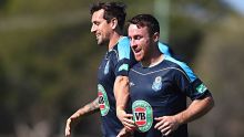 KINGSCLIFF, AUSTRALIA - MAY 25:  Mitchell Pearce and James Maloney run during a New South Wales Blues State of Origin ...