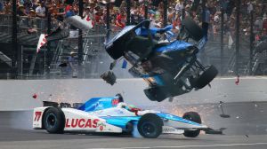 IndyCar driver Scott Dixon gets airborne after colliding with Jay Howard in the Indianapolis 500.